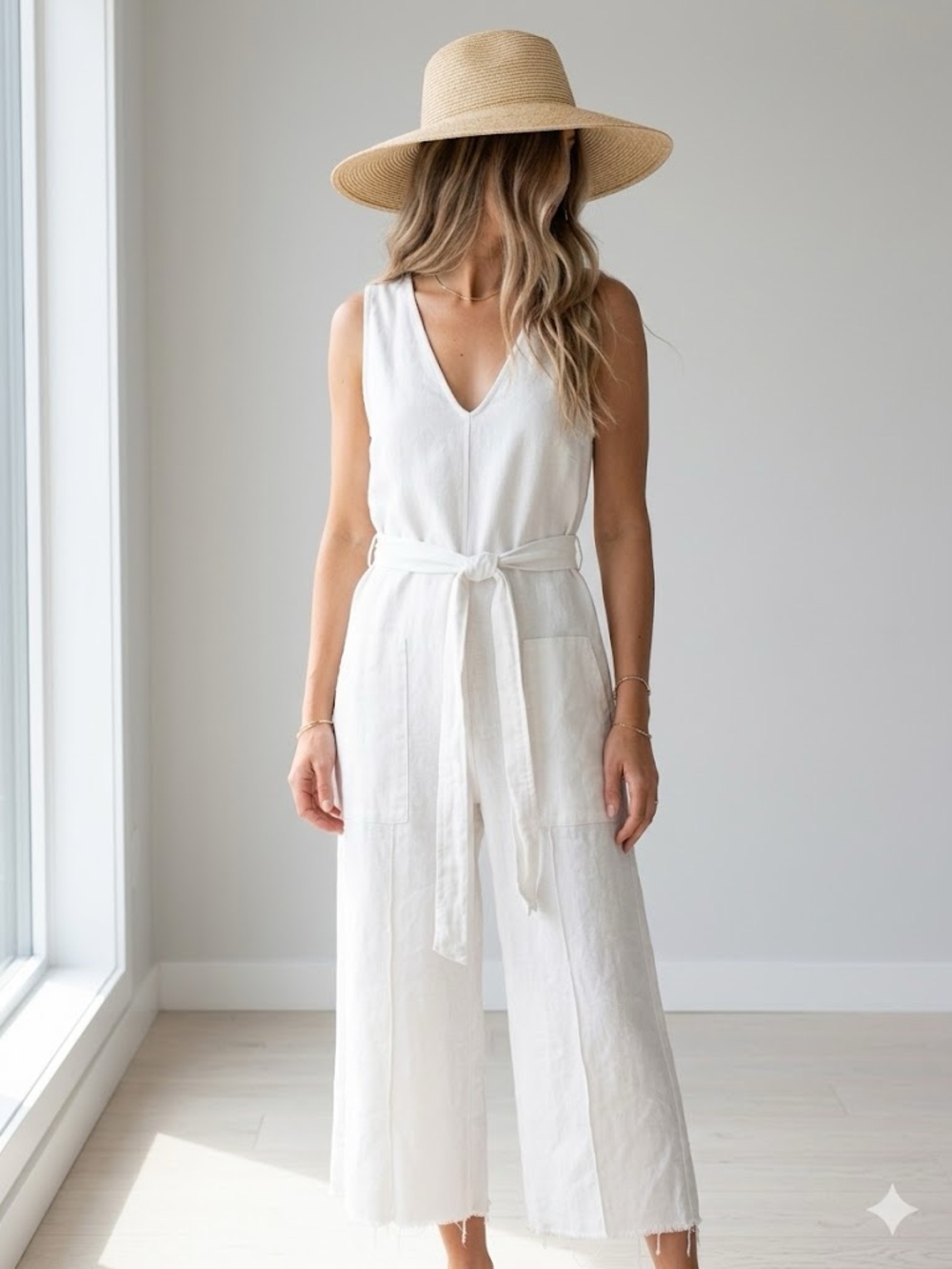 Astr Cream Sleeveless V-Neck Denim Jumpsuit with Waist Tie